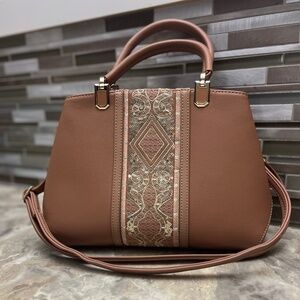 SUSEN Brown Structured Satchel w/embroidered Detail - Crossbody